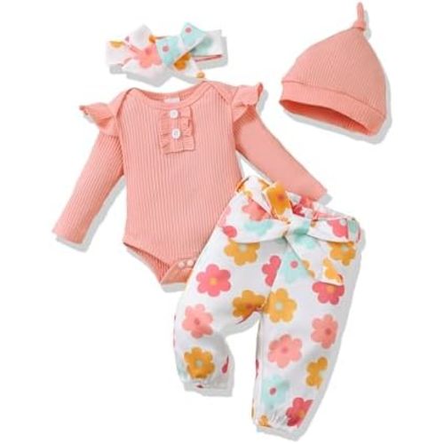 Renotemy Newborn Baby Girl Clothes Outfits Infant Romper Ruffle Floral Pants Cute Toddler Baby Girl Clothes Set