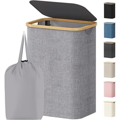 Lifewit 80L Laundry Basket with Lid, Clothes Hampers for Laundry with Bamboo Handles and 1 Removable Bag, Large Foldable Laundry Hamper for Bedroom, Bathroom, Dorm, Laundry Room, Light Gray
