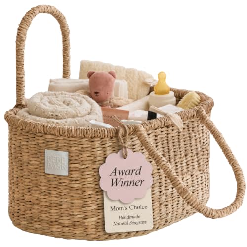 BEBE BASK Premium Baby Diaper Caddy Organizer Basket with Cotton Divider | Handmade & Award-Winner, Seagrass Caddy Basket, Newborn Essentials, Nursery Basket, Removable Divider, Baby Shower (ROSA)