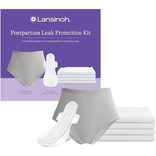 Lansinoh Peace of Mind Leak Protection & Postpartum Kit, 28-Piece Labor and Delivery Essentials with Disposable Underwear, M-L Maternity Pads and Waterproof Bed Mats, Postpartum Essentials