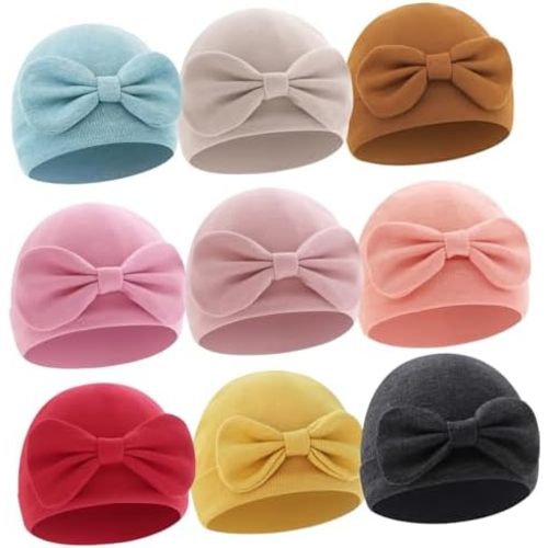 QandSweet Baby Girl Hats Sewn Bow Cotton Infant Beanie Cap Newborn Hospital Hat 0-6 Months
