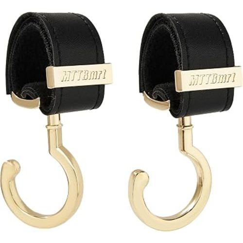 2 Pack Stroller Hooks,Strong Synthetic Leather Hook-and-Loop Fastener&High-Quality Metal Hooks,Universal Bag Clip|360° Rotation, 66lb Capacity,Non-Slip-Fits Wheelchair(Black-Gold)