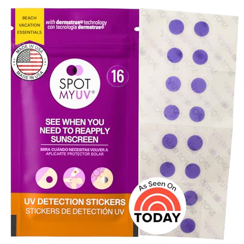 SpotMyUV UV Detection Stickers for Sunscreen with Patented Dermatrue SPF Sensing Technology, Know When to Reapply Sunscreen to Help Prevent Sunburn, 16 Count