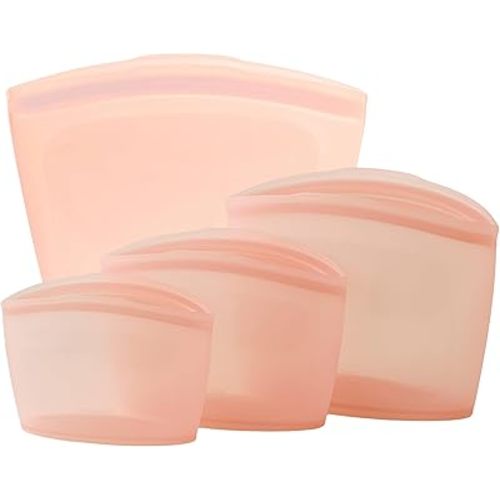 Blue Ginkgo Reusable Silicone Storage Bags – 4-Pack | Korean-Made Stand Up Food, Freezer Bags - Peach