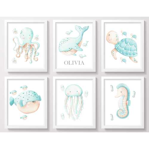 Sea Animals Nursery Art, Ocean Animals Wall Decor, Mint Nursery Decor, Girl Nursery Decor, Whale Art, Jellyfish Art, Baby Name Art Prints