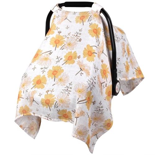 Car Seat Cover Baby Girl, 100% Muslin Cotton Infant Carseat Covers, Lightweight Breathable Car Seat Canopy, Summer Stroller Sun Shade, Newborn Travel Essentials