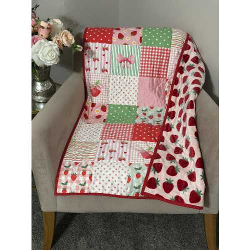 Strawberry Patchwork Baby & Toddler Quilt | Organic Cotton + Minky Blanket | Handmade 36" x 48"