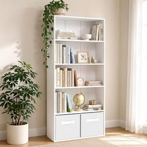 5-Tier Bookshelf, 2 Fabric Storage Cubes, Adjustable Shelves, White