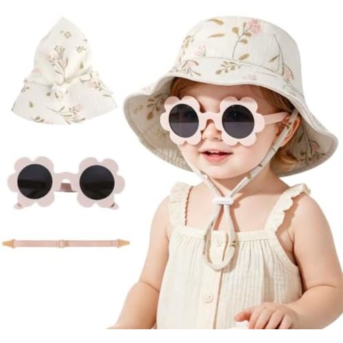 Leotruny Cotton Baby Sun Hat: Muslin Adjustable Bucket Hat with Sunglasses