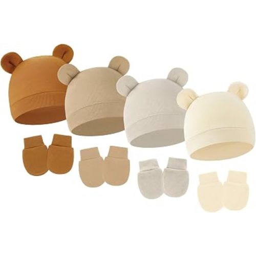 4 Pack Newborn Hats Mittens Set Bear Ears Preemie Hat Infant Hospital Mitten for Baby Boy Girl 0-6 Months