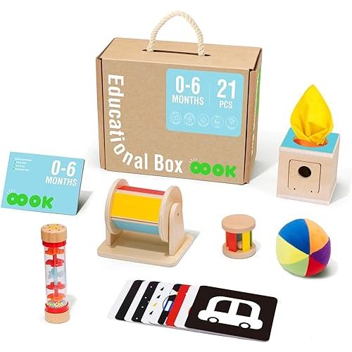 Montessori Toys for Babies 0-6 Months, 6 in 1 Learning Educational Kit Including Rain Stick, Tissue Box, Spinning Drum, Baby Roller and Trainning Ball