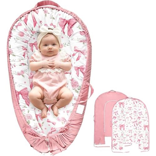 Baby Lounger Cover for Boys Girls, Reversible Baby Nest Cover, Adjustable Baby Lounger Replaceable Cover for Infant Newborn, Portable and Machine Washable, Cotton Pink Rose Cover Only