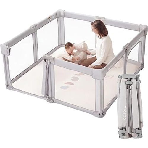 Baby Playpen Portable, Pre-Assembled Play Pen 59x59 Large Foldable Playpen for Babies and Toddlers, Sturdy and Safe Toddler Play Yard Indoor Outdoor with Carry Bag,Light Grey