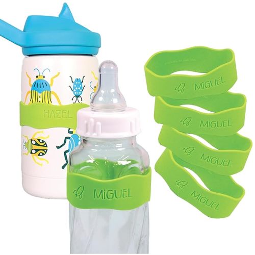 InchBug Orbit Labels Baby Bottle and Water Bottle Silicone Name Bands – Personalized Reusable Label Set for Daycare, Sippy Cups, Preschool, Elementary School, Dishwasher Safe, 4-Pack (Lullaby Blue)