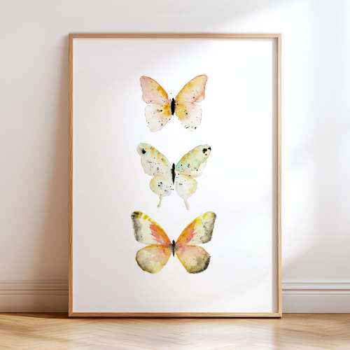 Subtle Colored Watercolor Butterfly Wall Art. Pastel Orange Yellow Green Butterflies Painting. Butterfly Artwork Prints. Nursery Decor.