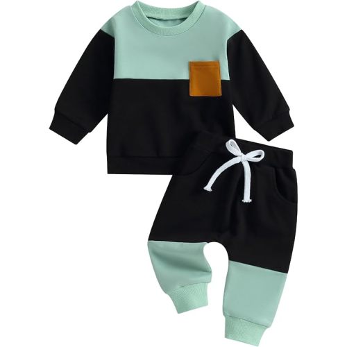 Kupretty Toddler Baby Boy Fall Winter Clothes Color Block Long Sleeve Sweatshirt Pullover Tops + Joggers Pants Outfit Set