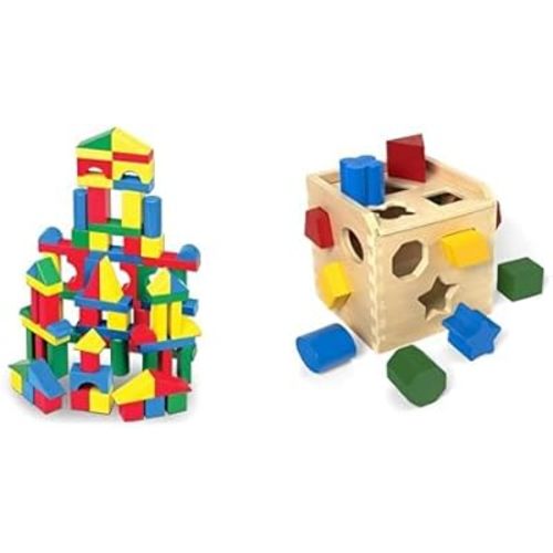Melissa & Doug Learning Bundle: 100-Piece Wooden Building Blocks Set with 4 Colors & 9 Shapes + Classic Shape Sorting Cube with 12 Shapes