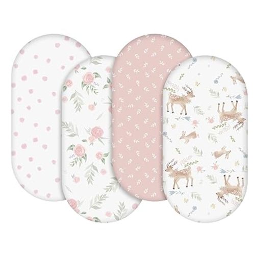 Gllquen Baby Bassinet Sheets 4 Pack, Breathable Cozy Fitted Mattress Sheet, Elastic Travel Crib Fashionable Floral Pattern, Standard Cradle Safe Sheets for Baby Boys Girls 32"x16"(Deer & Rose)
