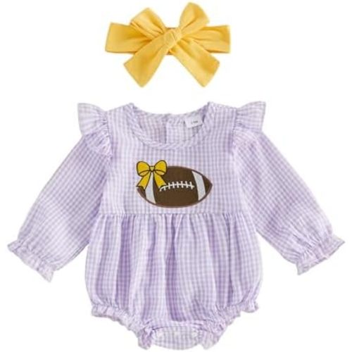 Newborn Baby Girl Football Outfit Smocked Bubble Romper Ruffle Long Sleeve Rugby Plaid Bodysuit Infant Fall Clothes