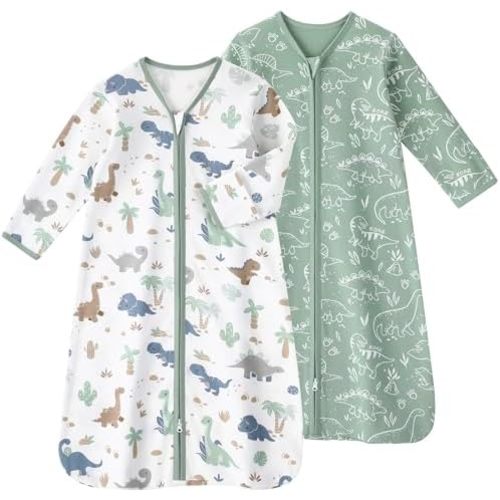 Baby Sleep Sack 0-6 Months, Long Sleeve Baby Sleeping Bag 0.5 Tog with Mittens, Newborn Cotton Wearable Blanket Gigoteuse Green Dinosaur 2 Pack(Small)