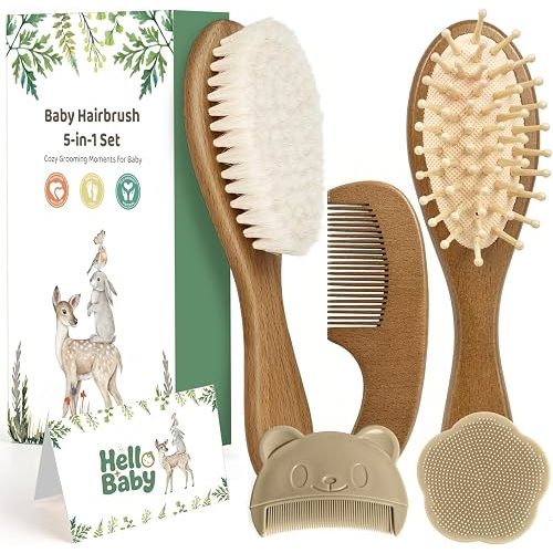5 Piece Baby Hair Brush Set, Wooden Baby Brush and Comb Set with Natural Soft Goat Hair Bristles, Cradle Cap Brush, Baby Essentials Grooming Kit for Boy Girl
