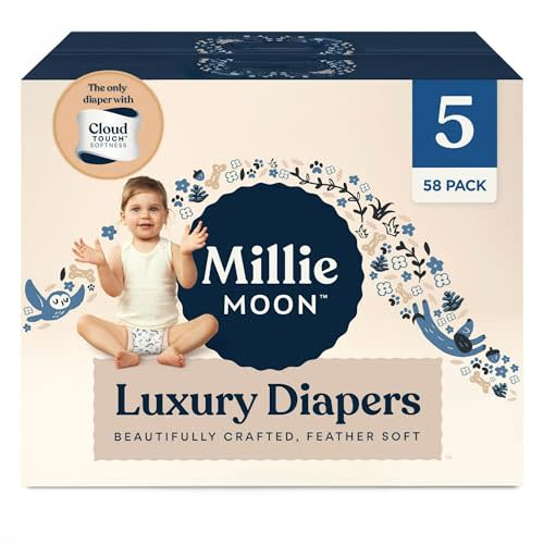 Millie Moon Luxury Diapers – Ultra Soft Cloud Touch Disposable Diapers with 12 Hour Absorbency & Wetness Indicator (5-58ct)