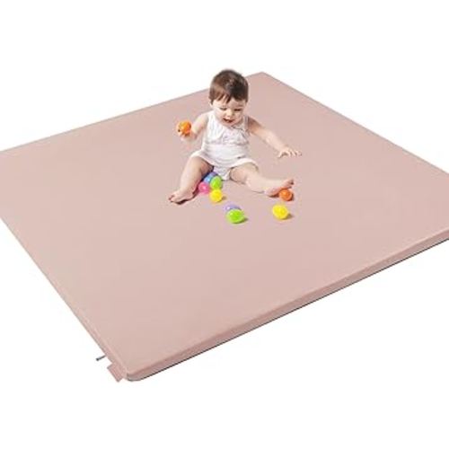 Padded Baby Play Mat, Super Soft Vegan Leather Floor Mat for Baby Girls and Boys, 48x48 Non-Slip Thick Foam Cushioned Play Mat for Babies 6-12 Months, Fits Nicely Into 50x50 Playpen Mat, Pink
