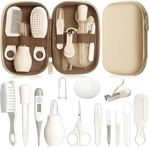 Baby Healthcare and Grooming Kit for Newborn Kids, 14PCS Upgraded Safety Baby Care Kit, Newborn Nursery Health Care Set, Baby Care Product (Beige, White)
