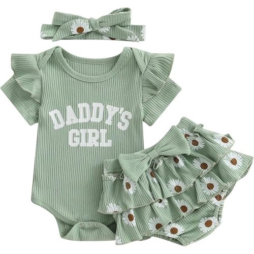 Daddys Girl Newborn Outfits Ruffle Ribbed Romper Top Floral Shorts Set Baby infant Father's Day Summer Outfit