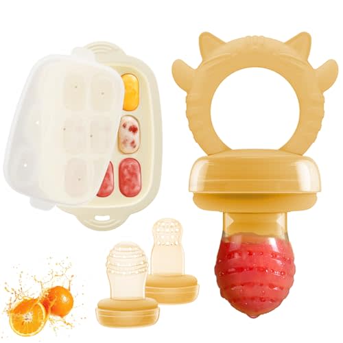 Wishbird Baby Fruit Feeder with Freezer Tray, BPA-Free Silicone Infant Food Feeder, Breastmilk Popsicle Mold for Teething Relief, Auto-Push Baby Food Pacifier Self-Feeding, 4 Months+, 2 Sizes