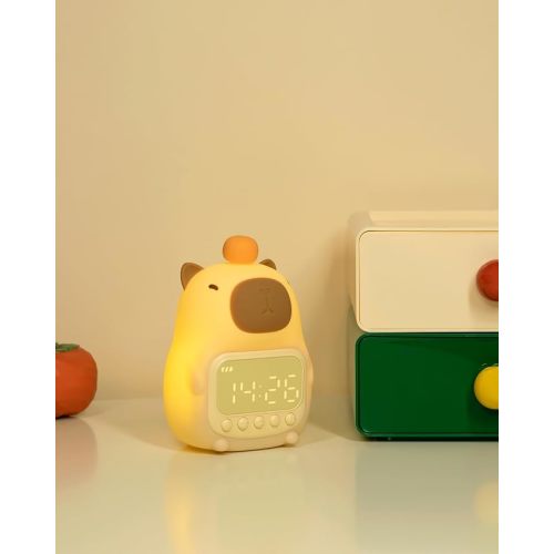 Capybara Alarm Clock with Night Light for Kids, Cute Toddler Alarm Clocks for Bedrooms Ok to Wake Clocks for Girls and Boys, Rechargeable Silicone Animal Tabletop Lamp for Kid