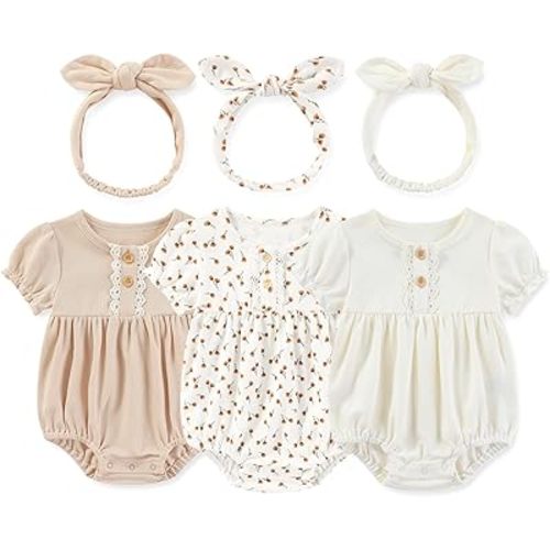 Newborn Baby Girl Clothes Cotton Bubble Romper Floral Short Sleeve Bodysuit 3 Pack