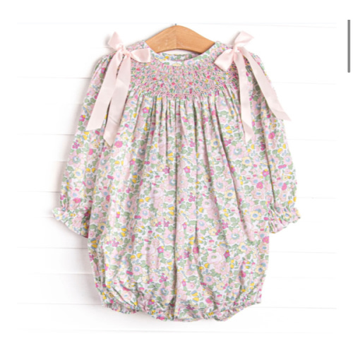 Bow Me Away Smocked Bubble, Green and Pink Floral – Stitchy Fish