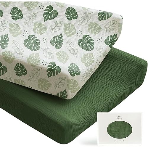 Konssy 2 Pack Muslin Changing Pad Covers for Boys, Ultra Soft & Breathable Cotton Baby Diaper Changing Table Covers, Neutral Nursery Diaper Changing Pad Sheets (Sage Green,Leaf)