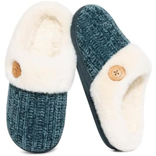 Evshine Warm Knit House Slippers for Women Comfy Wool-Like Lined Chenille Slippers with Memory Foam and Indoor Outdoor Soles