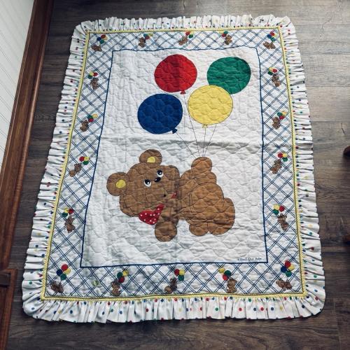 Vintage That's Our Baby Quilted Crib Blanket Bear Balloons 80s 90s Primary Color