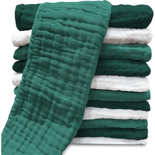Muslin Burp Cloths for Baby 100% Cotton Burping Cloths for Unisex, Boy, Girl - Large 20'' by 10'' Newborn Essentials Ultra Soft Absorbent Milk Spit Up Rags - 12 Pack - White+Deep Emerald Series