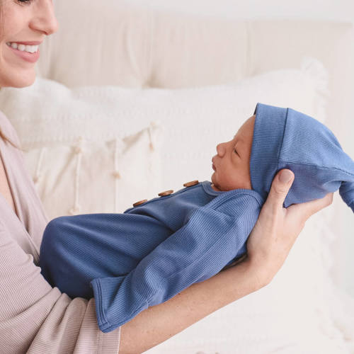 Steel Blue Ribbed Bamboo Baby Knot Gown & Hat
