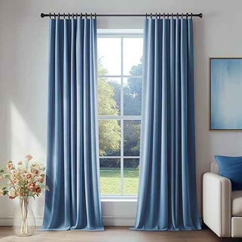 FMFUNCTEX Velvet Blackout Curtains Blue Thermal Insulated Curtains for Bedroom Living Room Darkening Curtains 90 Inches Long Soft Luxury Heavy Rod Pocket Slate Blue Drapes Dining Room 2 Panels Set