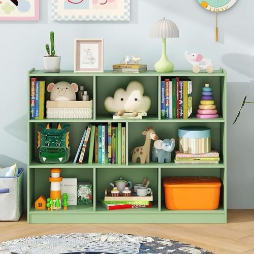 KOTEK Toy Storage Organizer, 5 Cubby Kids Bookshelf, Wooden 3-Tier Bookcase Storage Cabinet, Open Display Book Shelf for Daycare, Nursery, School Classroom, Living Room (Green, 8 Cubes)