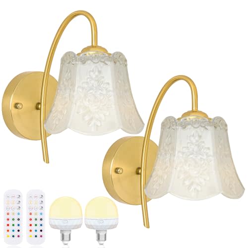 Wireless Wall Sconce with Flower lampshade, Battery Operated Wall Lights,Wall lamp with 15 Colors for Bedroom Living Room Home Decor (White Flower, 2 Light Battery Operated)