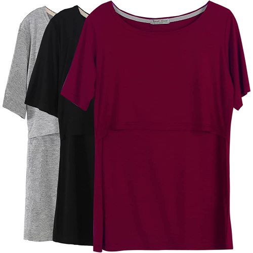Smallshow 3 Pcs Maternity Nursing T-Shirt Nursing Tops,Wine-Black-Grey,Medium