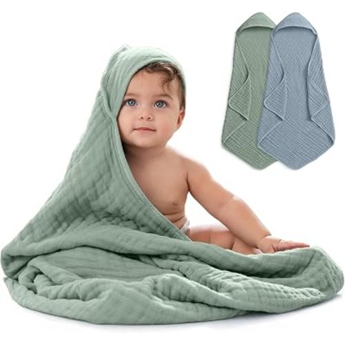 Comfy Cubs Hooded Baby Towel 2-Pack, Large 32 x 32 Inch - 6 Layer 100% Muslin Cotton for Babies, Toddlers, Kids - Soft & Absorbent Baby Bath Towels - Unisex Design for Bath Time, Pacific Blue and Fern