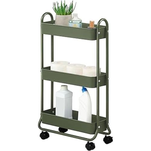 SunnyPoint Slim Rolling Storage Cart, 3 Tier Bathroom Storage Organizer Bathroom, Laundry Utility Cart (Army)