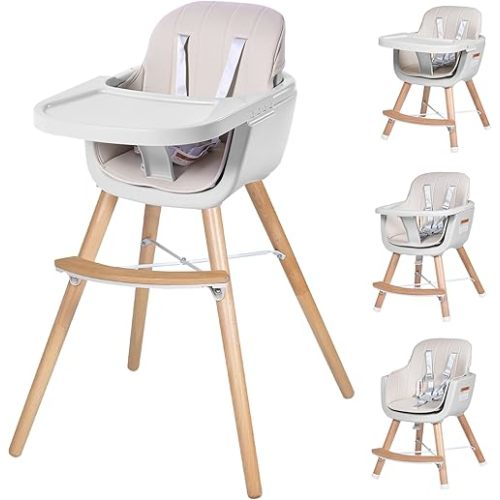 High Chairs for Babies and Toddlers,3 in 1 Convertible Wooden highchair, Baby High Chair with Adjustable Legs,5 Point Harness, Footrest, Dishwasher-Safe Tray & PU Leather Cushion, Beige