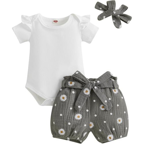 Kaipiclos Newborn Infant Girl Clothes Rib Knit Romper Daisy Print Shorts Headband Baby Summer Clothes 0 3 6 12 18 24 Months