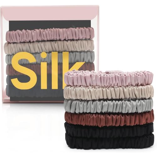 6Pcs Silk Hair Ties Small 22 Momme 100% Pure Mulberry Silk Scrunchies for Women Girls Thin Skinny Hair Sleep Scrunchies No Damage(Color 04)
