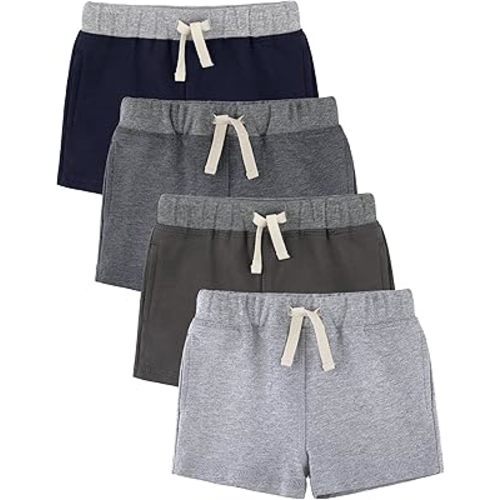 HoeVou Baby Boys Shorts 4-Pack 0-24M | Cotton Knit Pull-On with Adjustable Drawstring Waist & Pockets, Summer Playwear