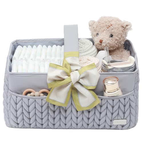 LUKJOJO Luxurious Baby Diaper Caddy, Nursery Storage Basket for Newborn Boy and Girl, Travel Baby Basket for Diapers Baby Wipes, Organizer Tote Bag Storage Bin, Baby Shower Gifts (light gray)