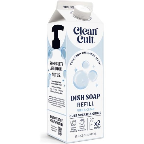 Cleancult Dish Soap Liquid Refill (32oz, 1 Pack) - Plant Based Cleaning Power - Dish Soap that Cuts Grease & Grime - Free of Harsh Chemicals - Uses 90% Less Plastic - Free & Clear